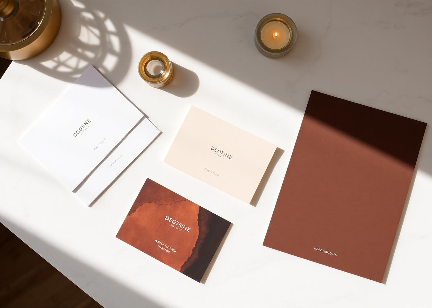 Printed brand materials arranged on a marble surface